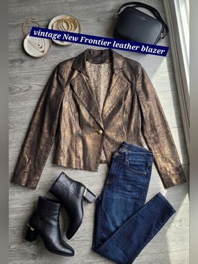 Vintage New Frontier Metallic Copper Leather Blazer Tiger Eye Button Western 10